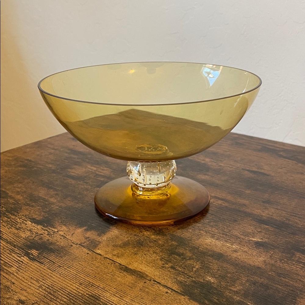 Mid Century Amber Glass Pedestal Bowl - Home Accents